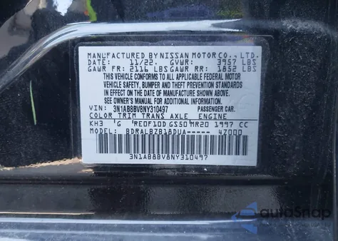 2022 Nissan Sentra S Xtronic Cvt z USA, uszkodzony, nr VIN 3N1AB8BV8NY310497